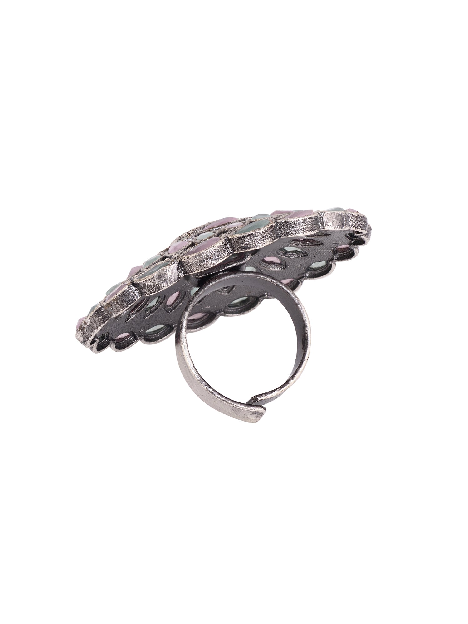 Oxidised Silver Plated Pink Mint Stone Studded Finger Ring