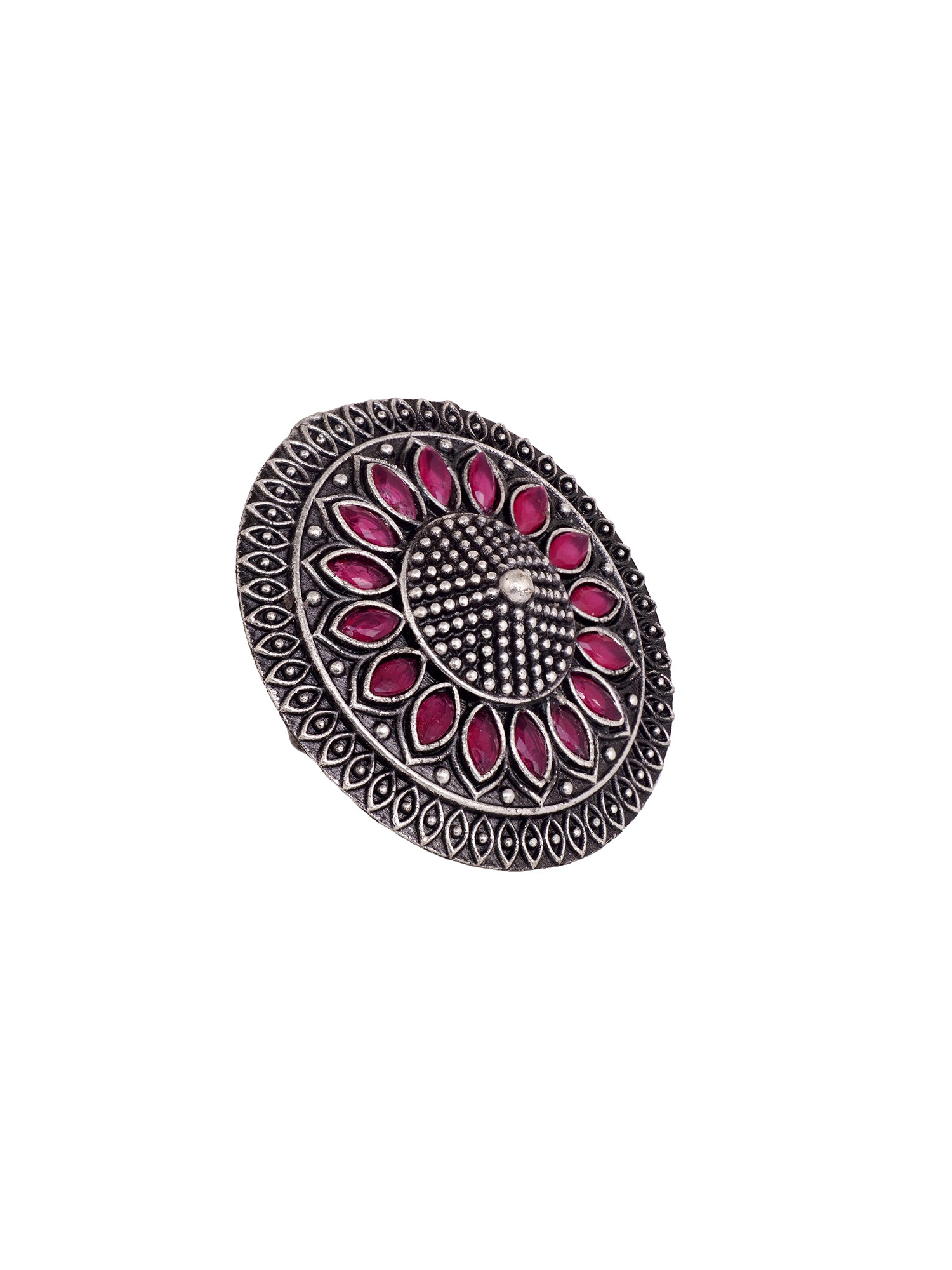Oxidised Silver Plated Pink Stone Studded Finger Ring