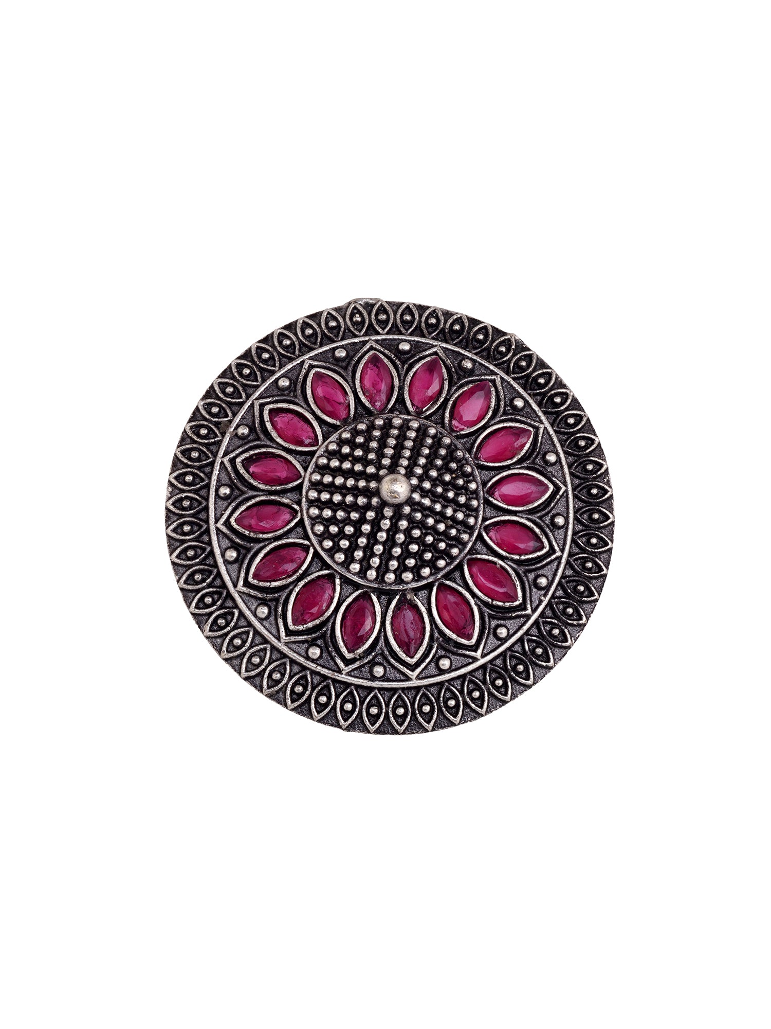 Oxidised Silver Plated Pink Stone Studded Finger Ring