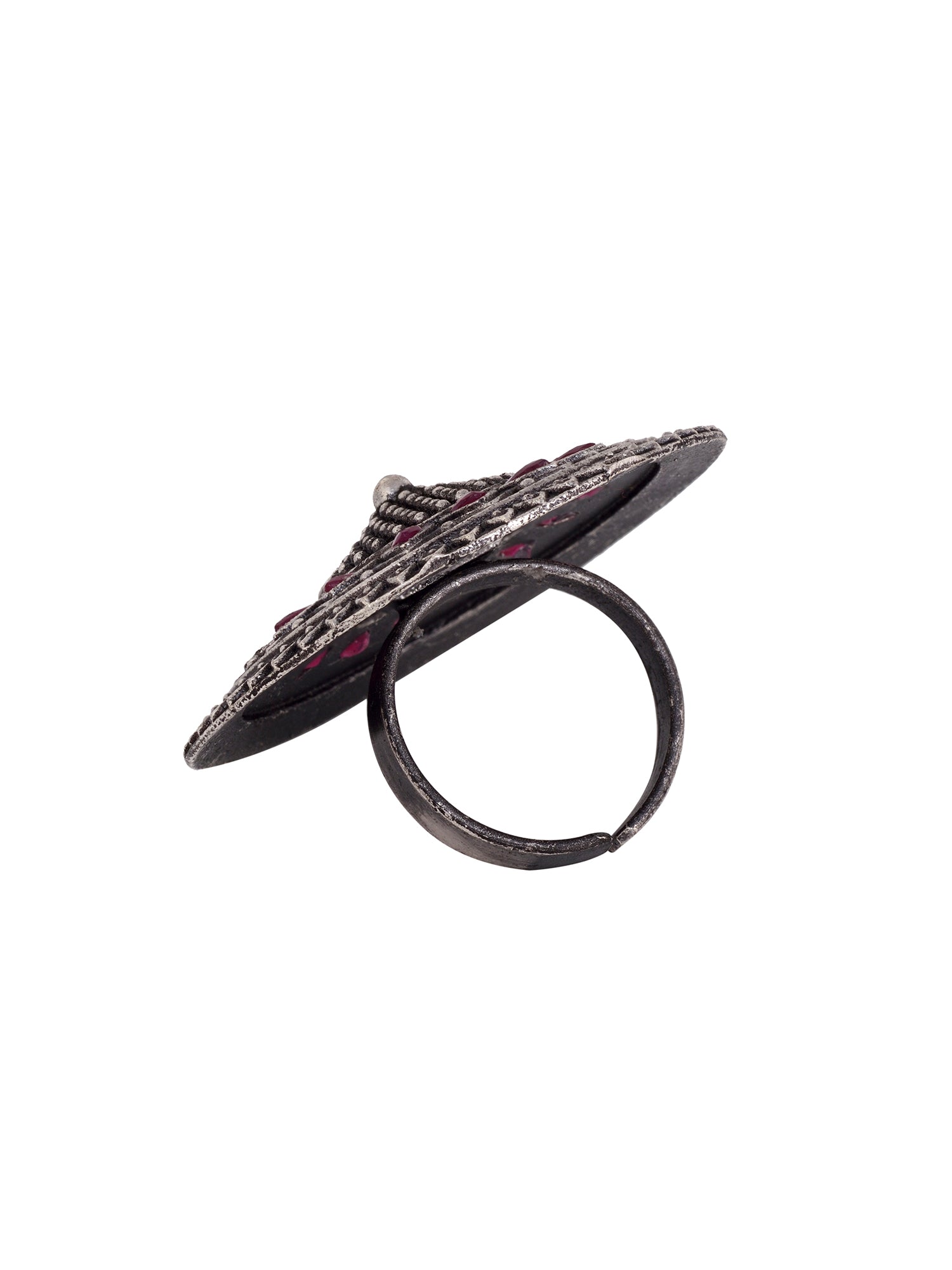 Oxidised Silver Plated Pink Stone Studded Finger Ring