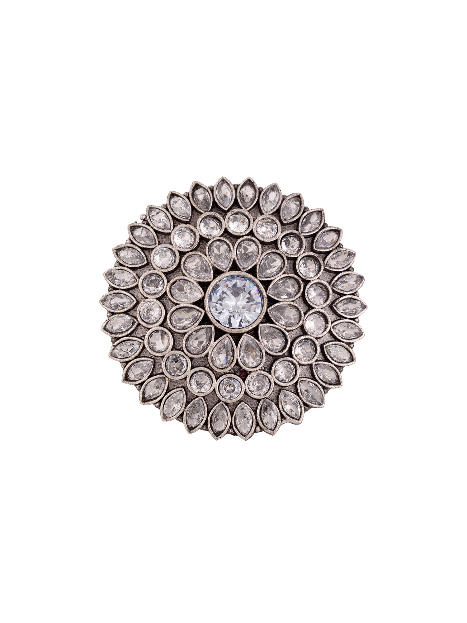 Oxidised Silver Plated White Stone Studded Cocktail Finger Ring