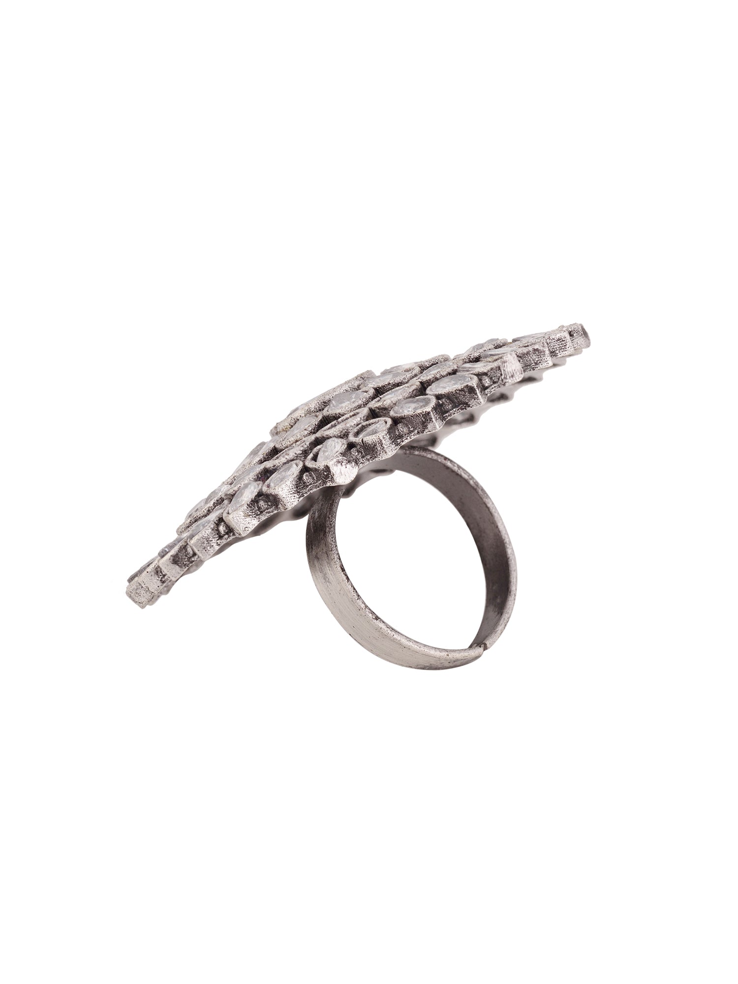 Oxidised Silver Plated White Stone Studded Cocktail Finger Ring