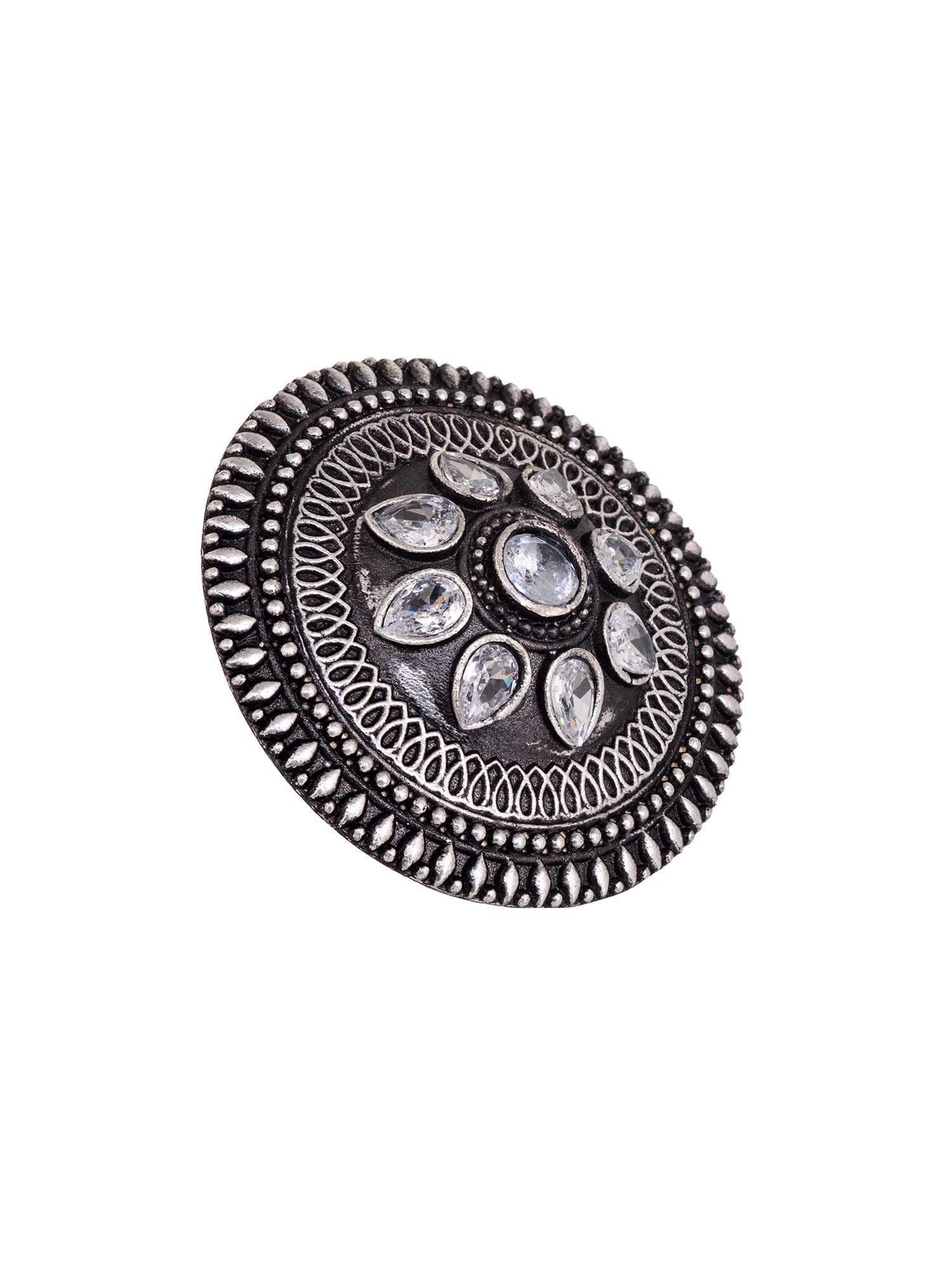 Silver Plated White Stone Studded Antique Finger Ring