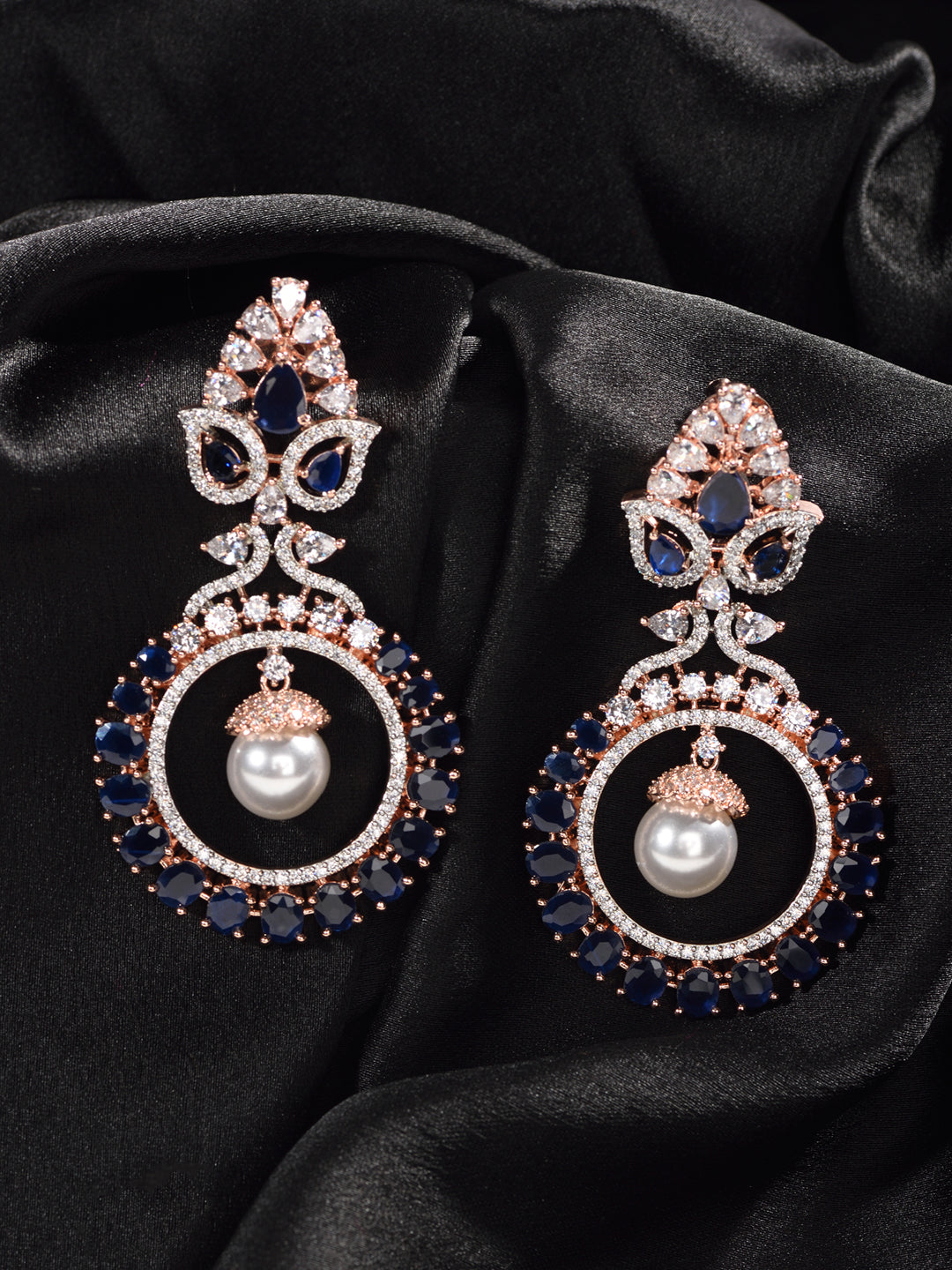 Rose Gold Plated Pearl Blue AD Studded Chandbali Drop Earrings