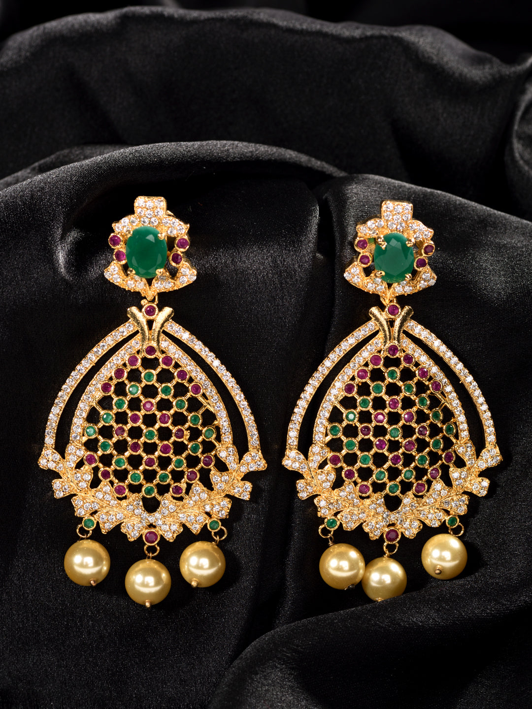 Gold Plated Multi AD Studded Chandelier Dropdown Earrings