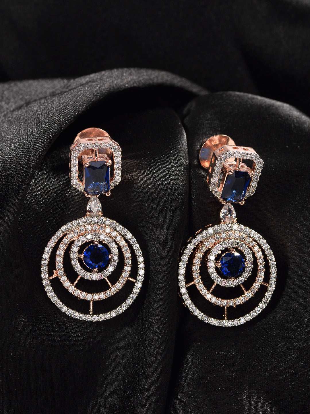 Rose Gold Plated blue & White AD Studded Concentric Dropdown Earrings