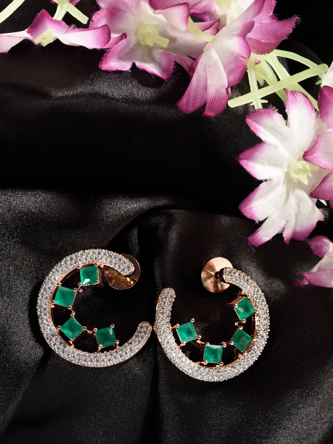 Rose Gold Plated Green AD Studded Half Hoop Stud Earrings