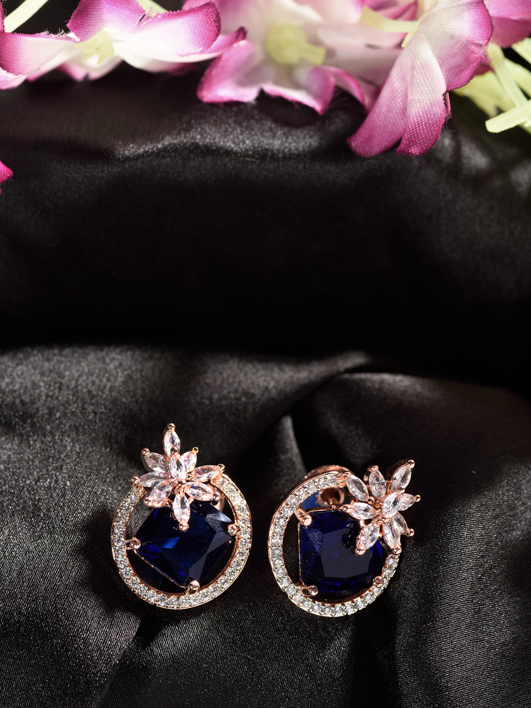 Rose Gold Plated Blue Sapphire AD Floral Studs Earrings