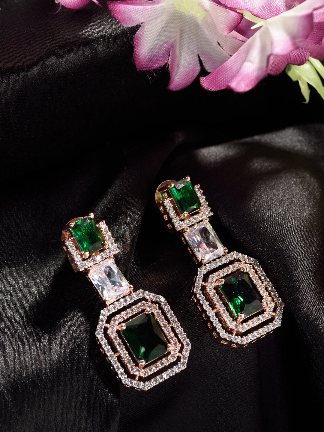 Rose Gold Plated Green & White AD Studded Dropdown Statement Earrings
