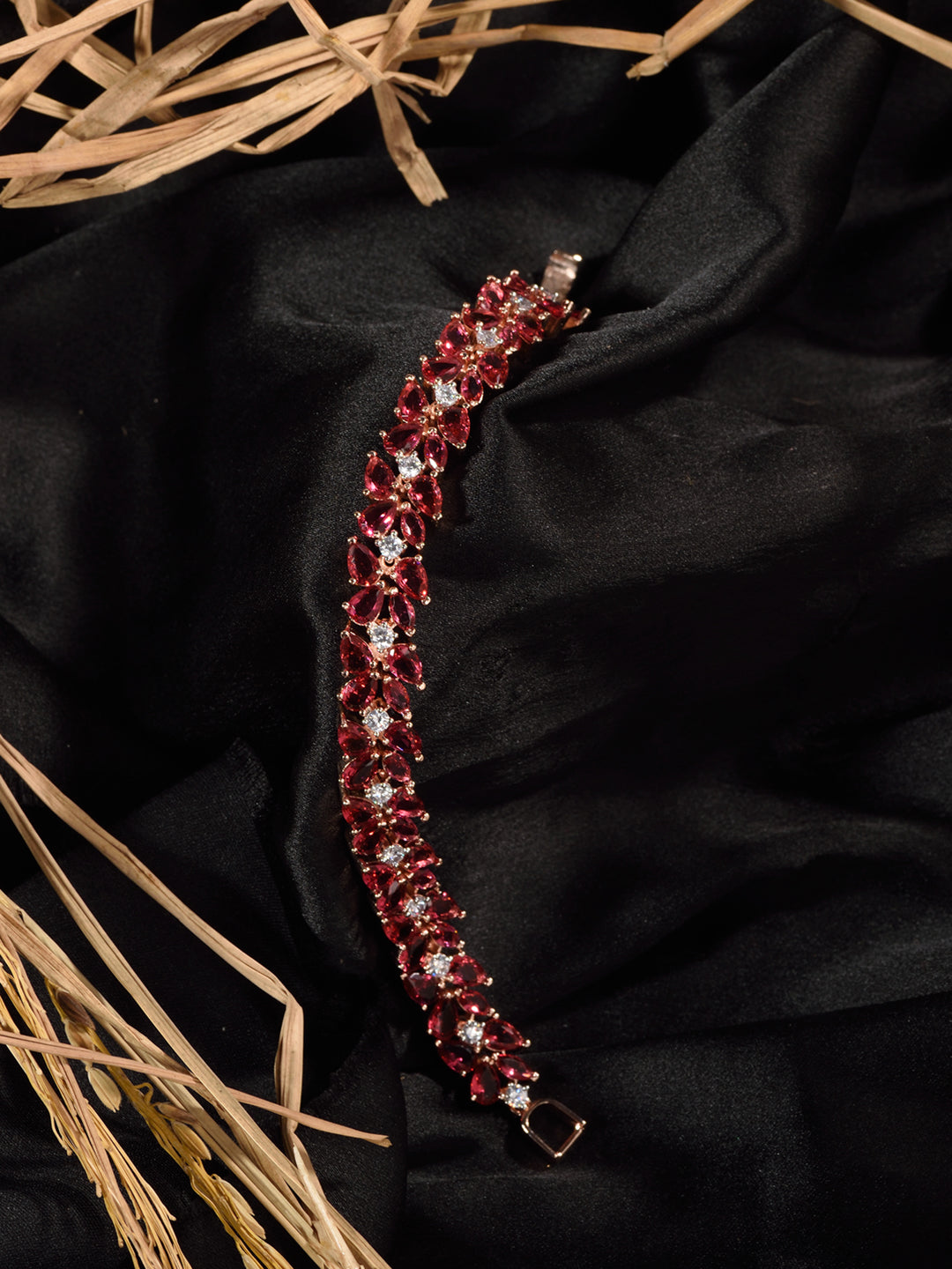 Rose Gold Plated Leaf Design Pink Ruby studded Designer Tennis Bracelet For Her