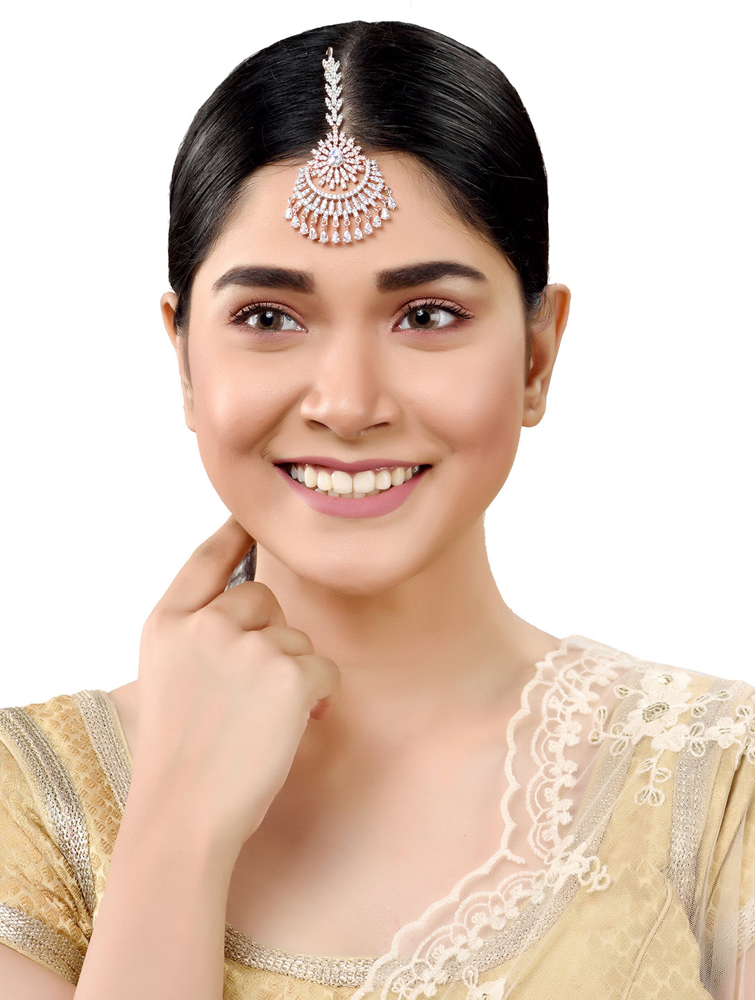 Rose Gold plated AD studded Chandballi design Handcrafted Maang Tika
