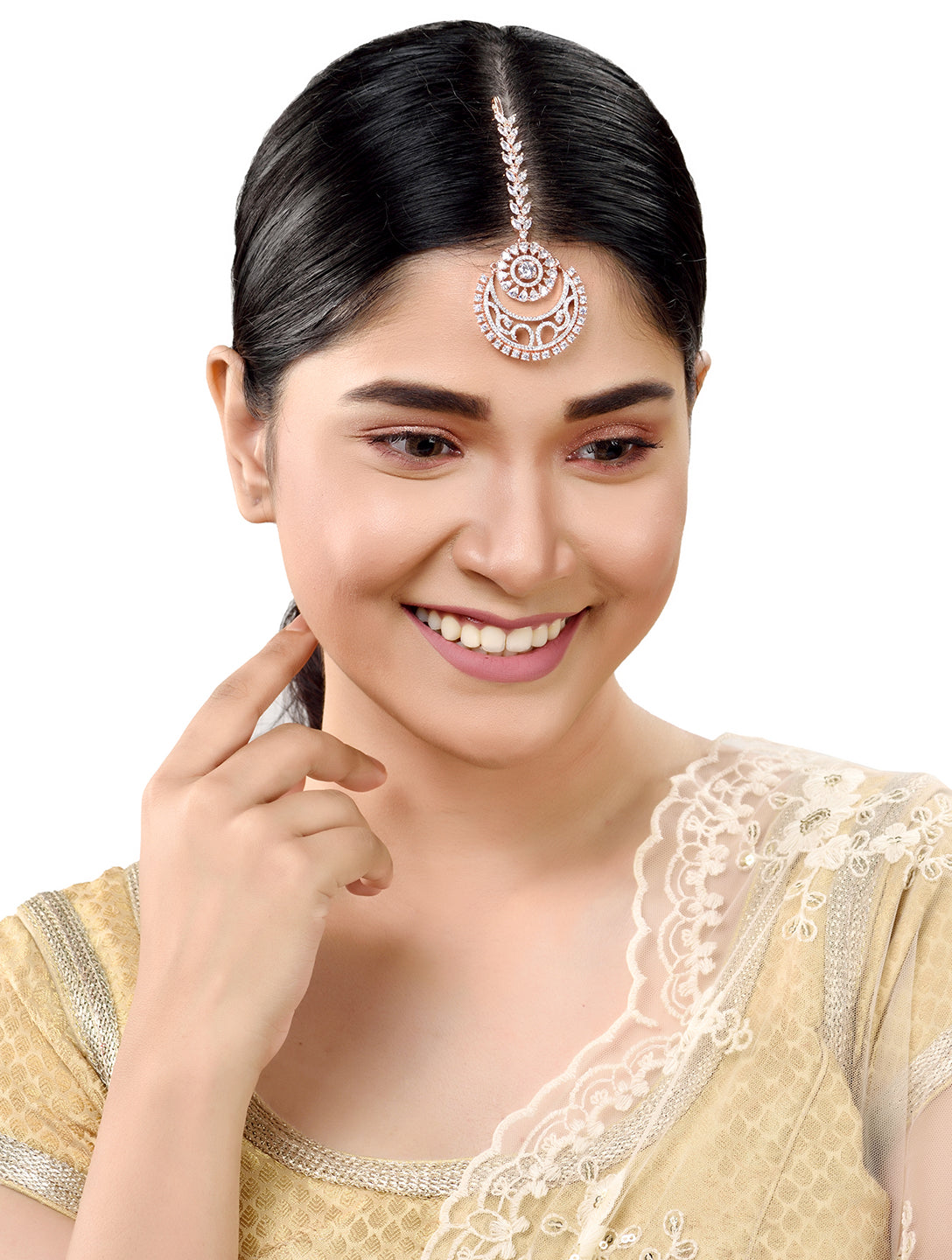 Rose Gold plated AD studded Half Moon shaped Handcrafted Maang Tika