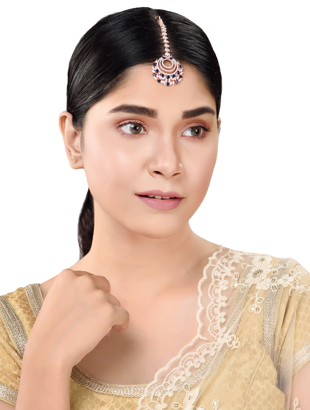 Rose Gold plated Blue AD studded Circular design Handcrafted Maang Tika