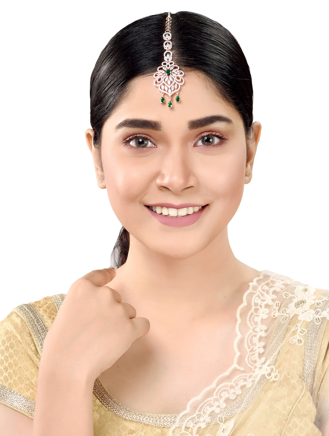 Rose Gold plated Green AD studded Floral design Handcrafted Maang Tika