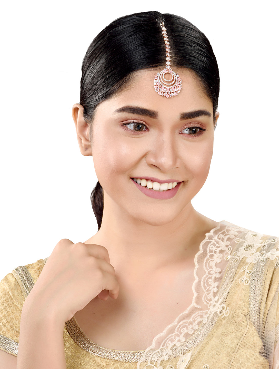 Rose Gold plated Pink AD studded Circular design Handcrafted Maang Tika