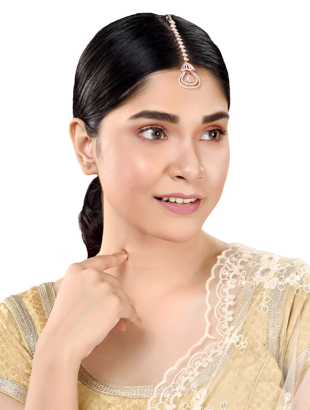 Rose Gold plated AD studded Bell shaped Handcrafted Maang Tika