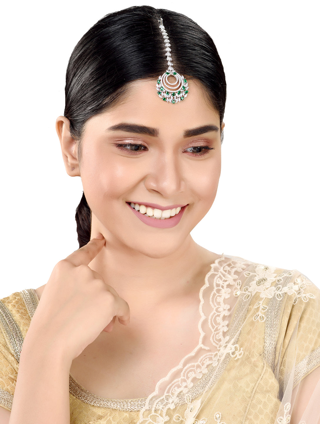 Silver plated Green AD studded Handcrafted Maang Tika