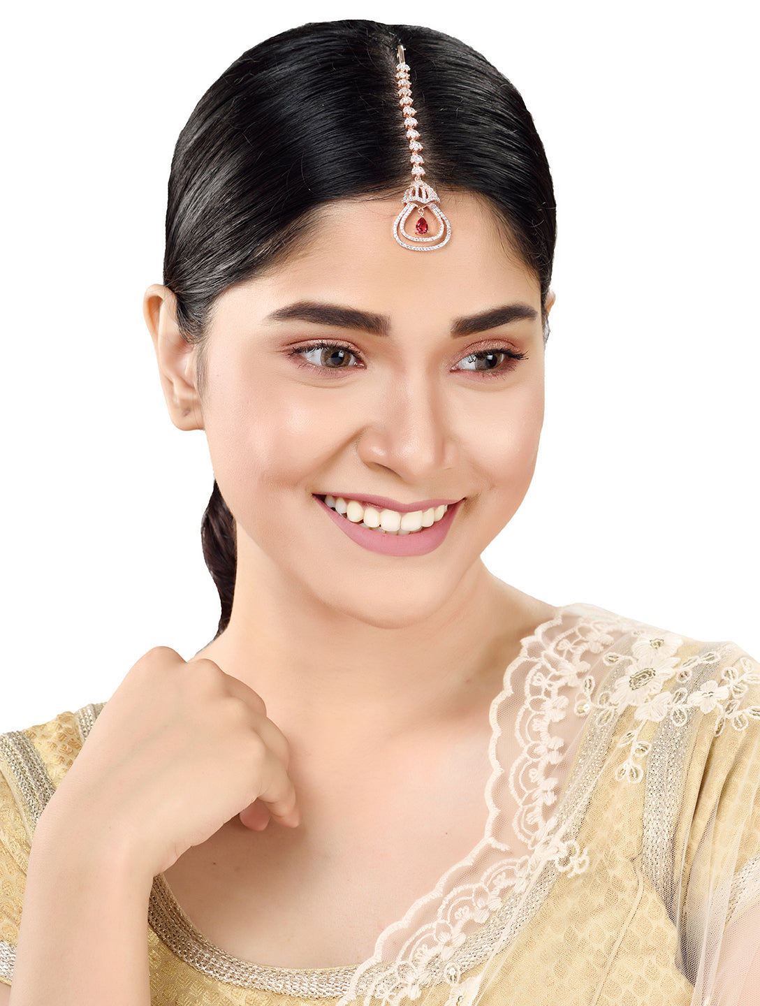 Rose Gold plated Ruby AD studded Bell shaped Handcrafted Maang Tika