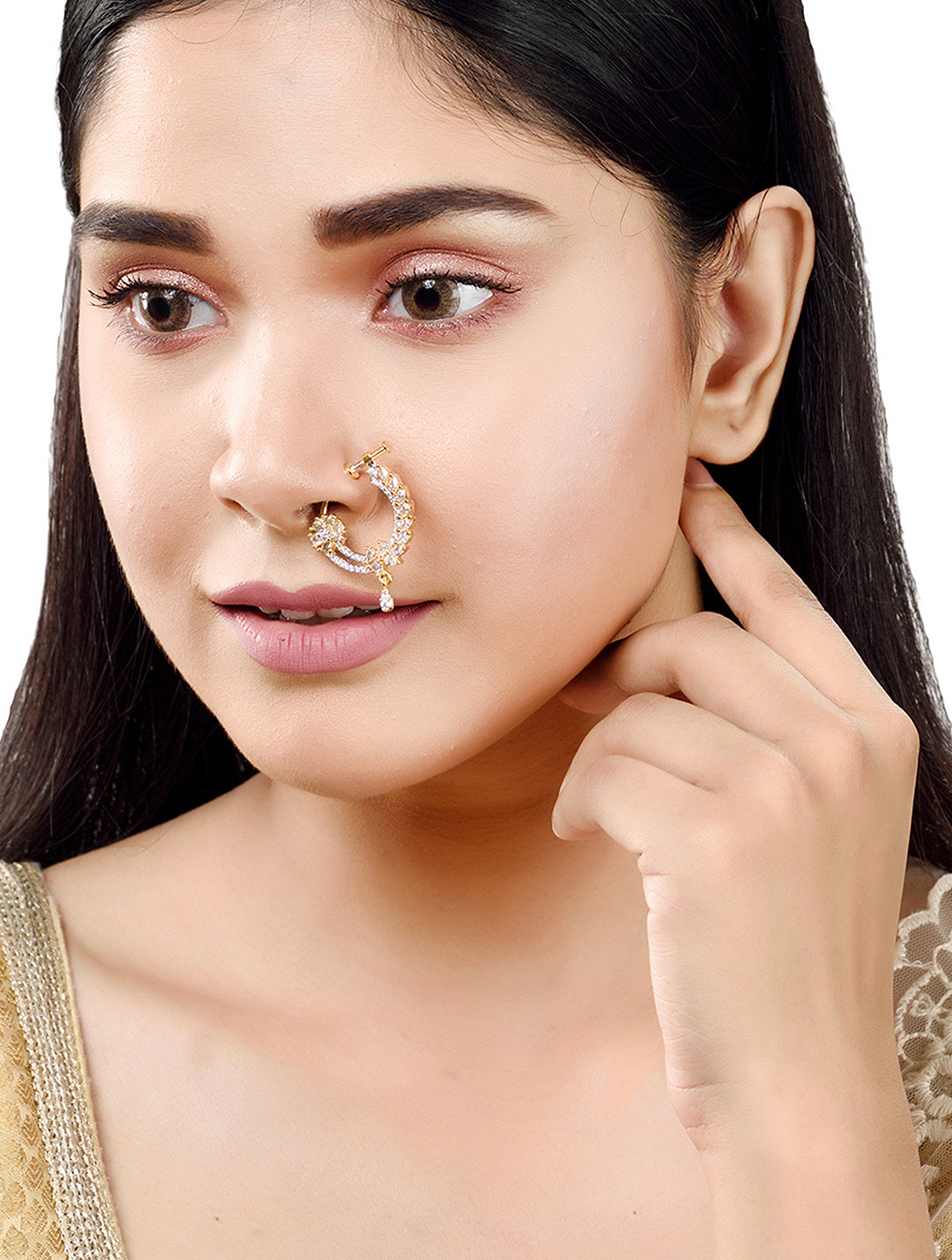 Gold plated AD studded Handcrafted Nose Ring