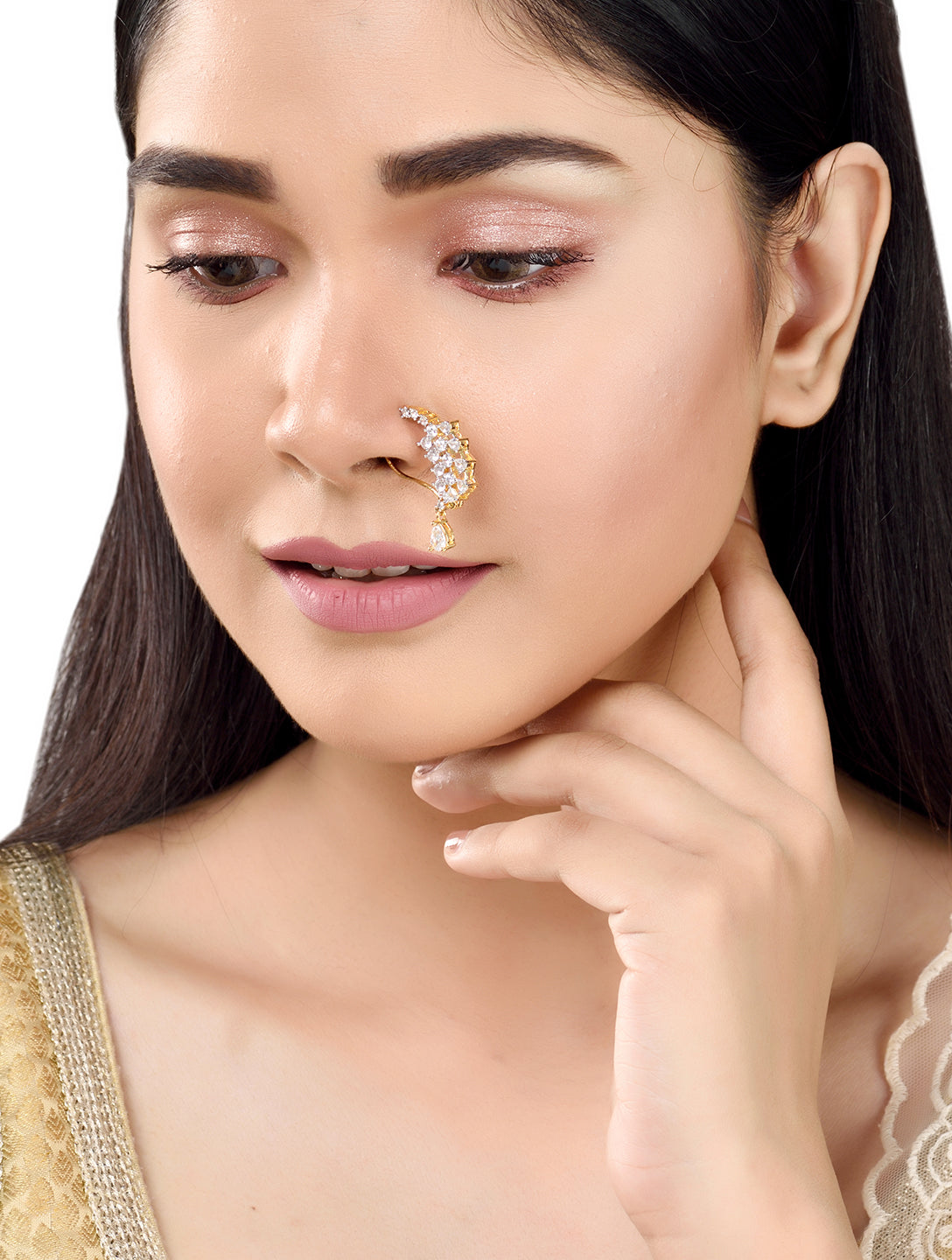 Gold plated AD studded Handcrafted Nose Ring