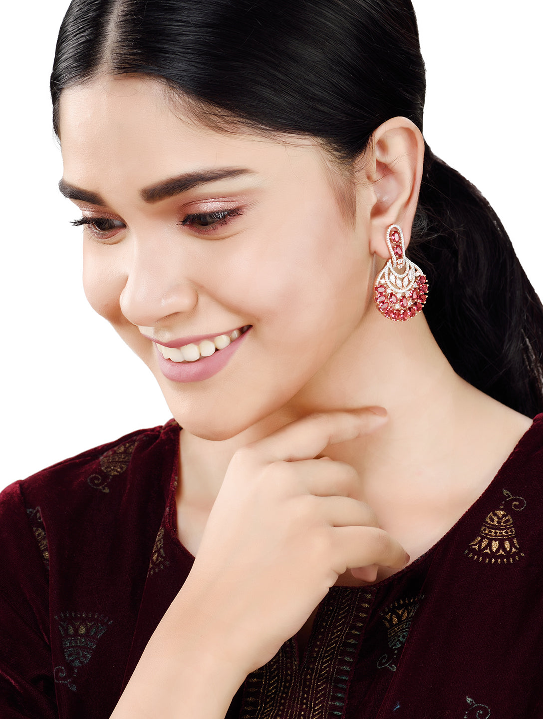 Rose Gold Plated Ruby AD studded Floral design Earrings