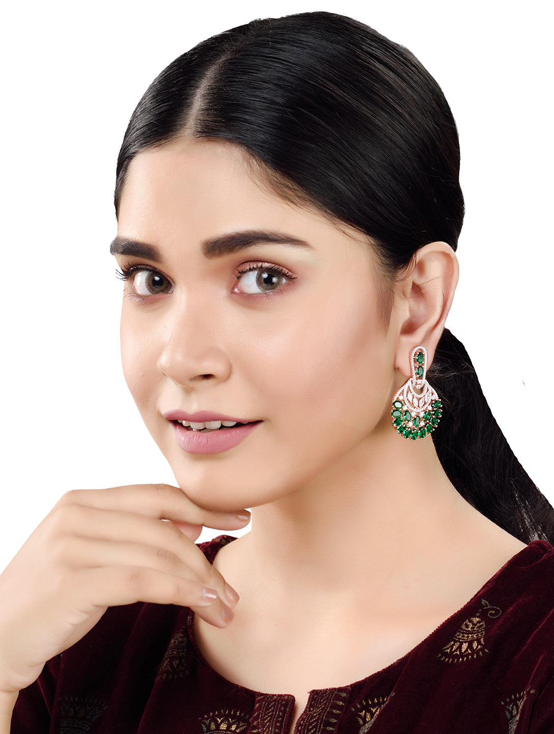 Rose Gold Plated Emerald AD studded Floral design Earrings