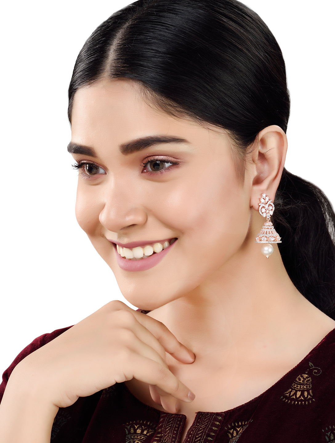 Rose Gold plated AD studded Bell shaped Hanfcrafted Jhumka Earring