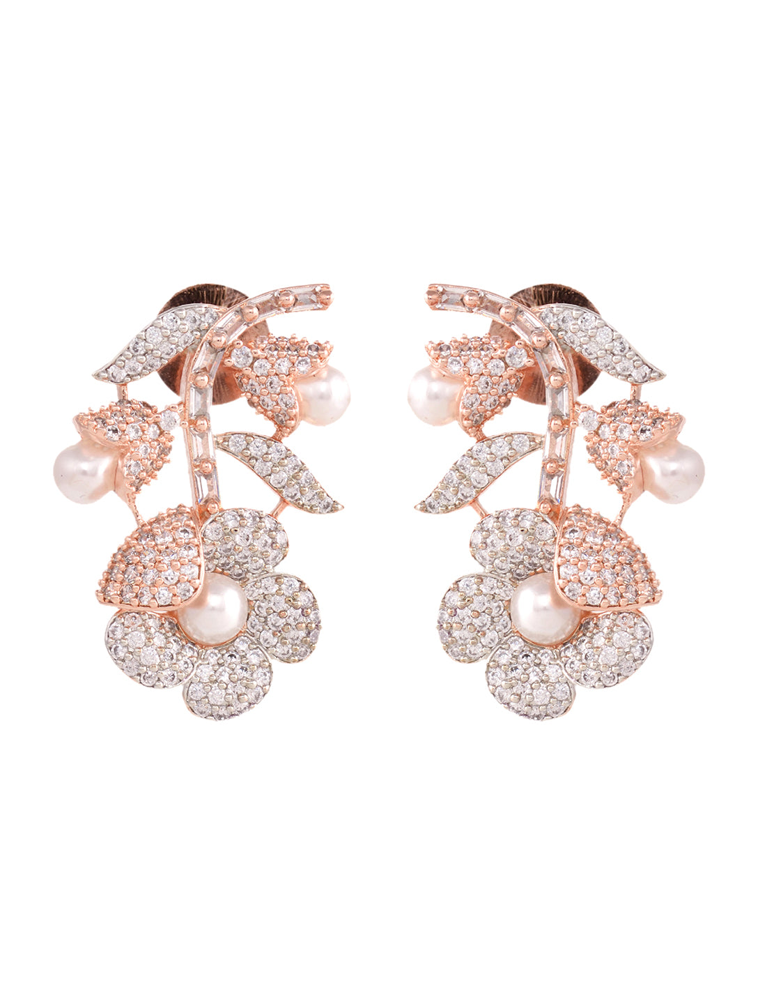 Rose Gold Plated white AD and Pearl studded Flower Stud Handcrafted Earrings