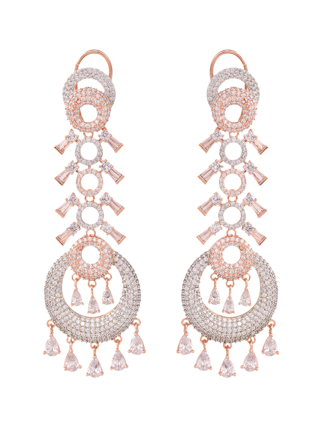 Rose Gold Plated White AD studded Circular Chandelier Dropdown Handcrafted Earrings