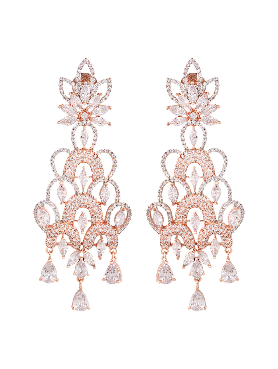 Rose Gold Plated White AD Studded Floral Chandelier Dropdown Handcrafted Earrings