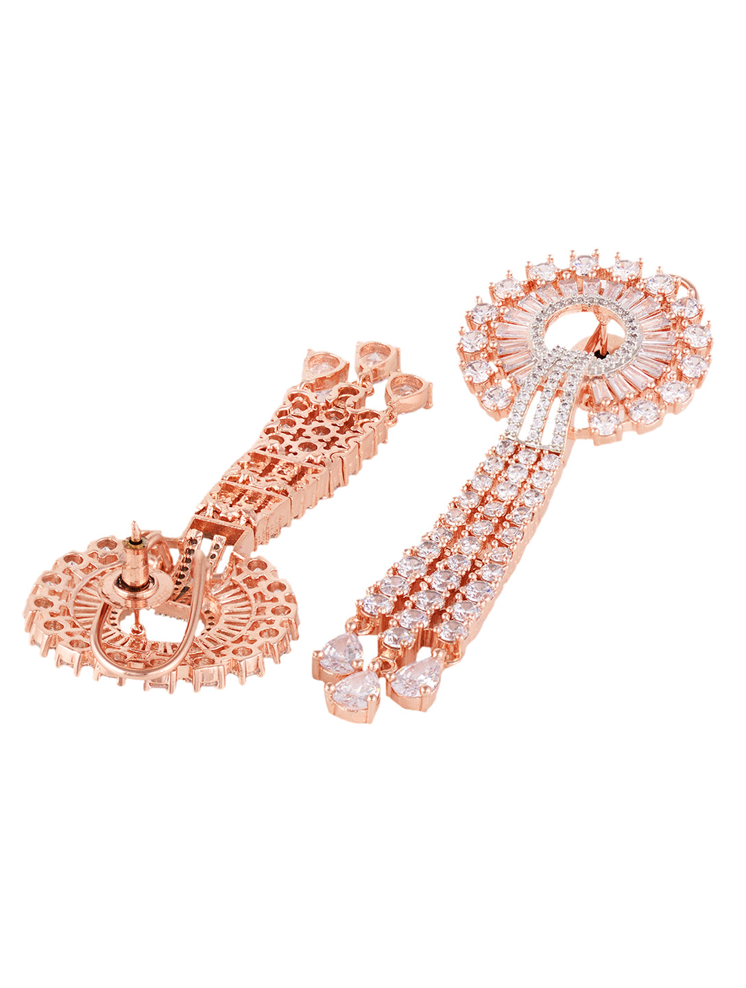 Rose Gold plated White AD studded Knotted Long Dropdown Handcrafted Earrings