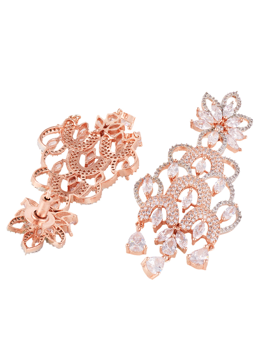 Rose Gold Plated White AD Studded Floral Chandelier Dropdown Handcrafted Earrings