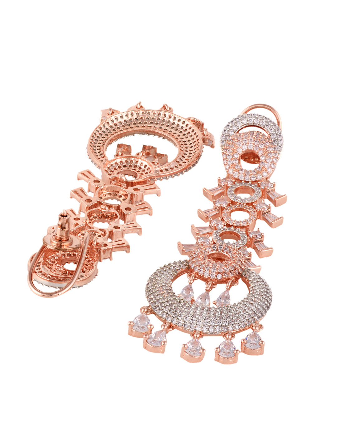 Rose Gold Plated White AD studded Circular Chandelier Dropdown Handcrafted Earrings