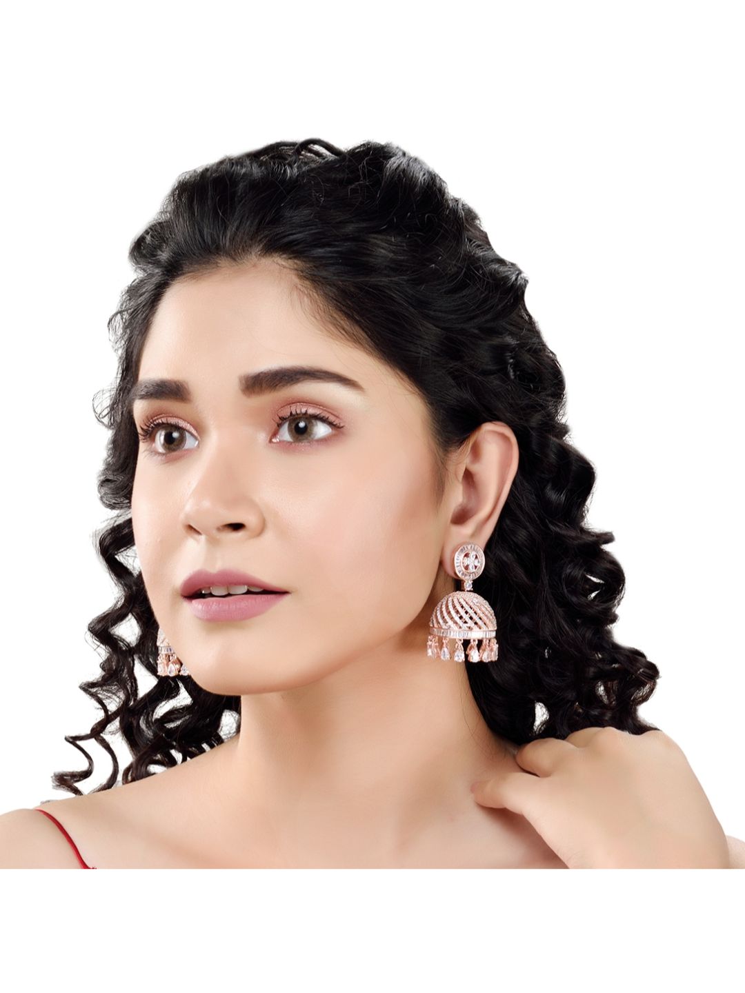 Rose Gold plated AD studded handcrafted Dome shaped Jhumka for Women & Girls