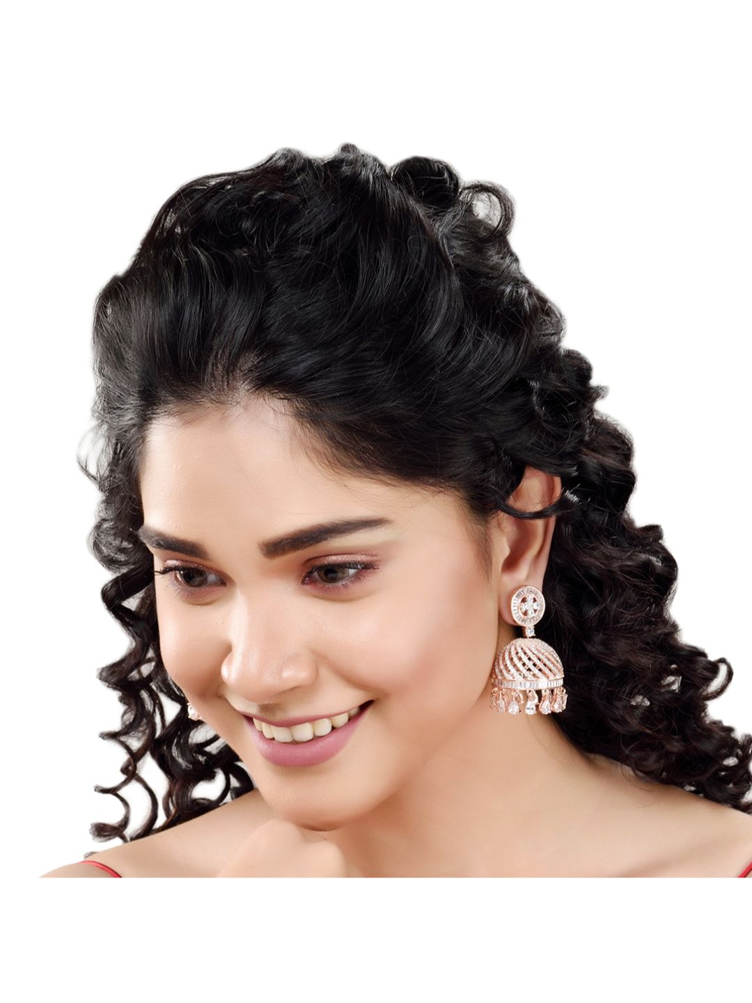 Rose Gold plated AD studded handcrafted Dome shaped Jhumka for Women & Girls