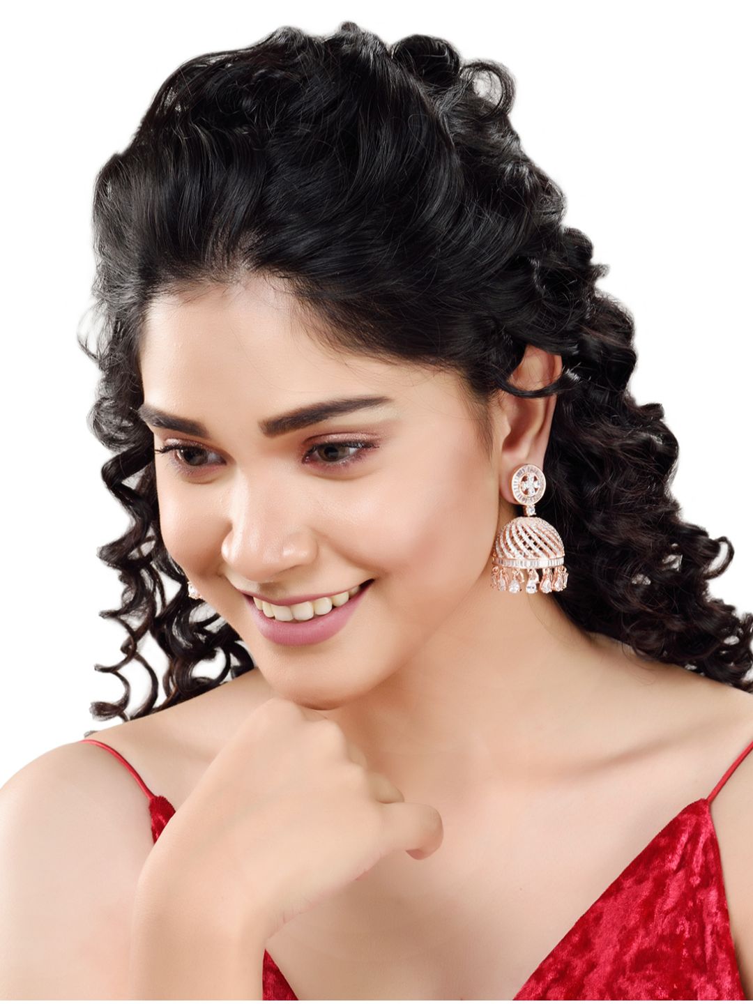 Rose Gold plated AD studded handcrafted Dome shaped Jhumka for Women & Girls