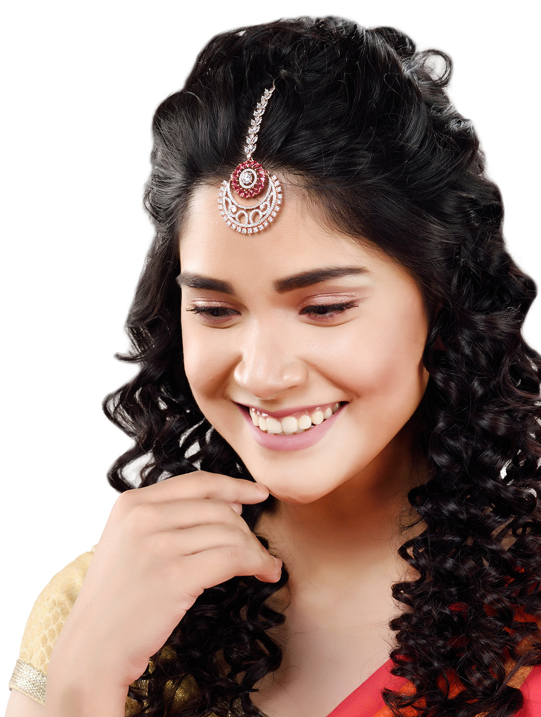 Rose Gold plated Ruby AD studded Half Moon shaped Handcrafted Maang Tika