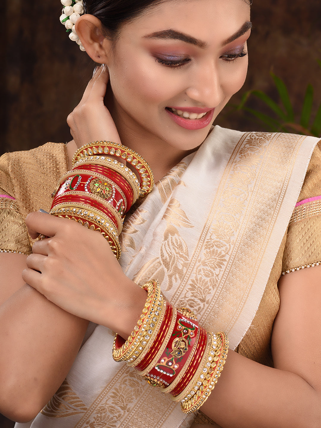 Gold Plated Set Of 2 Matching Red Bangles Kundan Studded Bridal Chuda