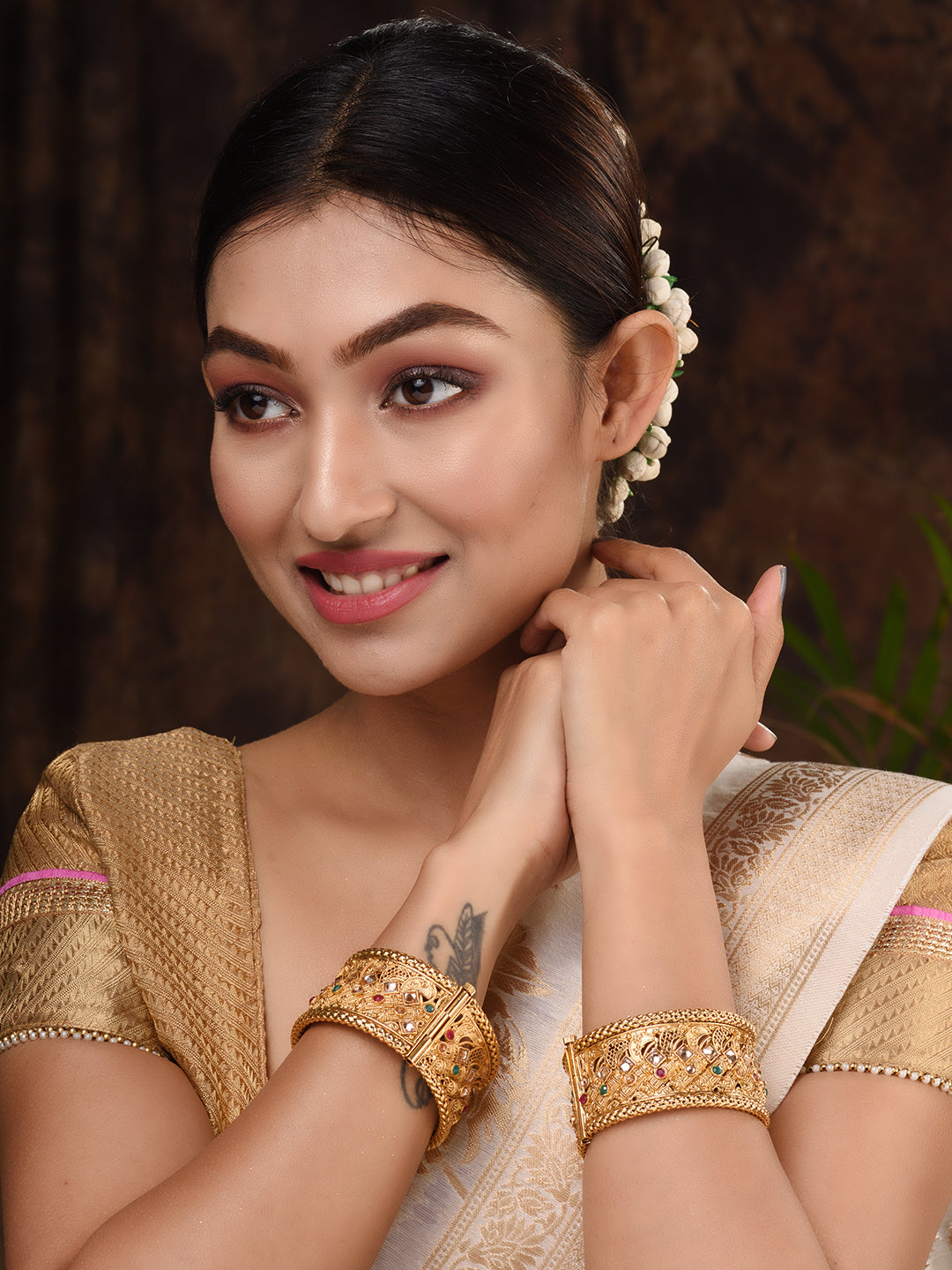 Set Of 2 Gold Plated Multi stone Studded Embellished Bangles