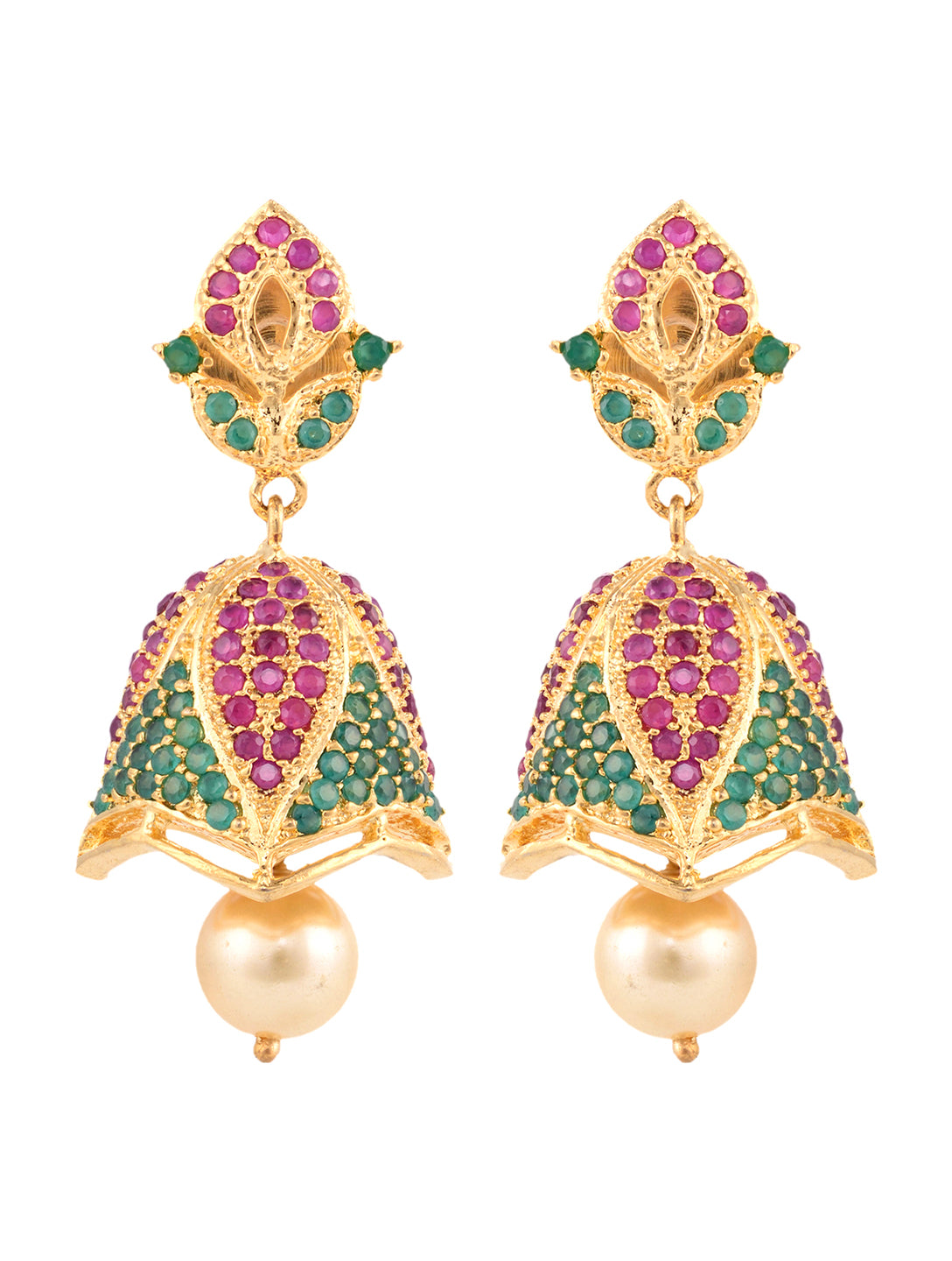 Gold Plated Multi AD and Pearl studded Handcrafted Jhumka Earrings