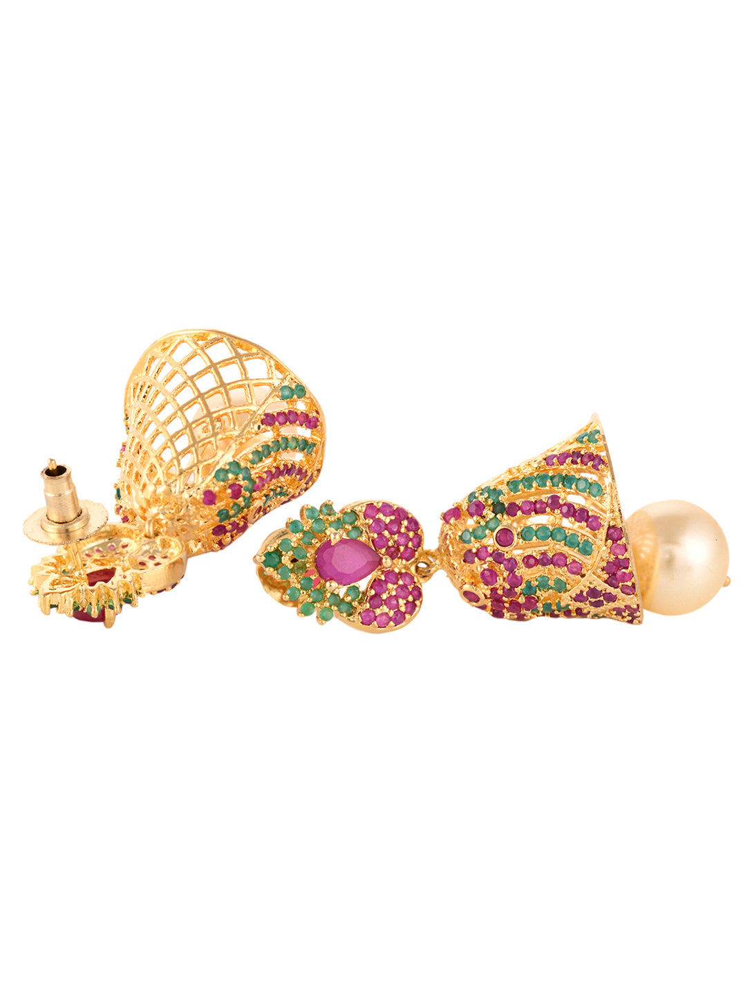 Gold Plated Multi AD and Pearl studded Jhumka Handcrafted Earrings