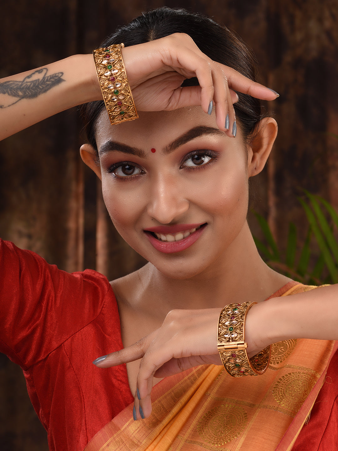 Set Of 2 Gold Plated Multi stone Studded Antique Bangles