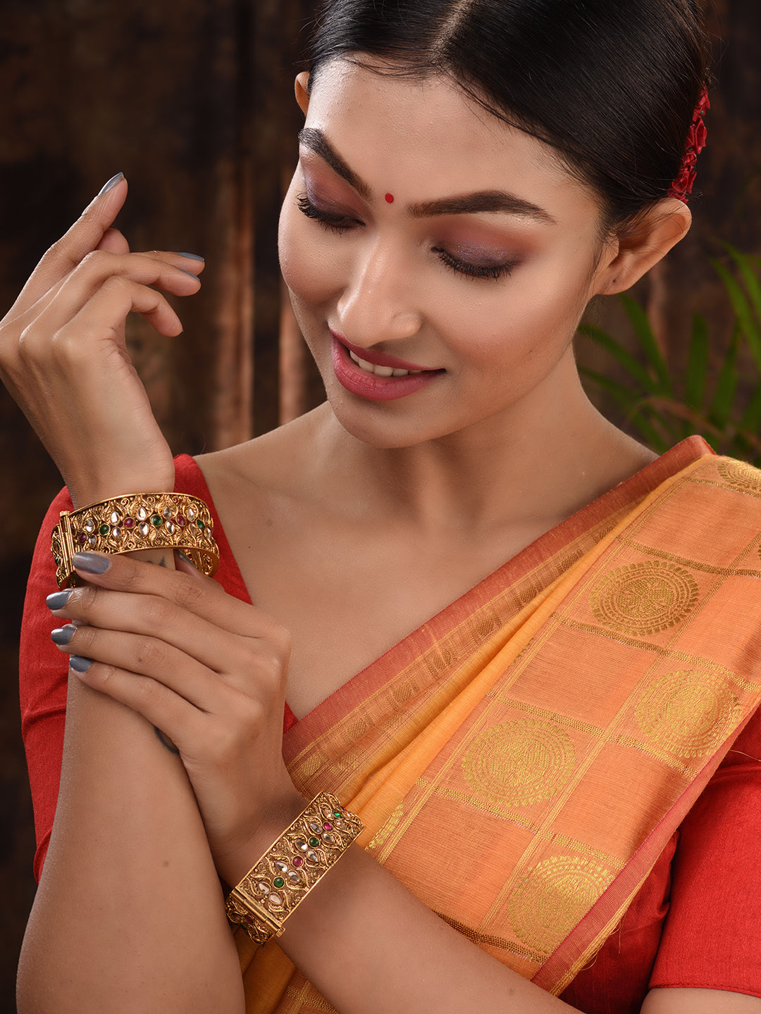 Set Of 2 Gold Plated Multi stone Studded Antique Bangles