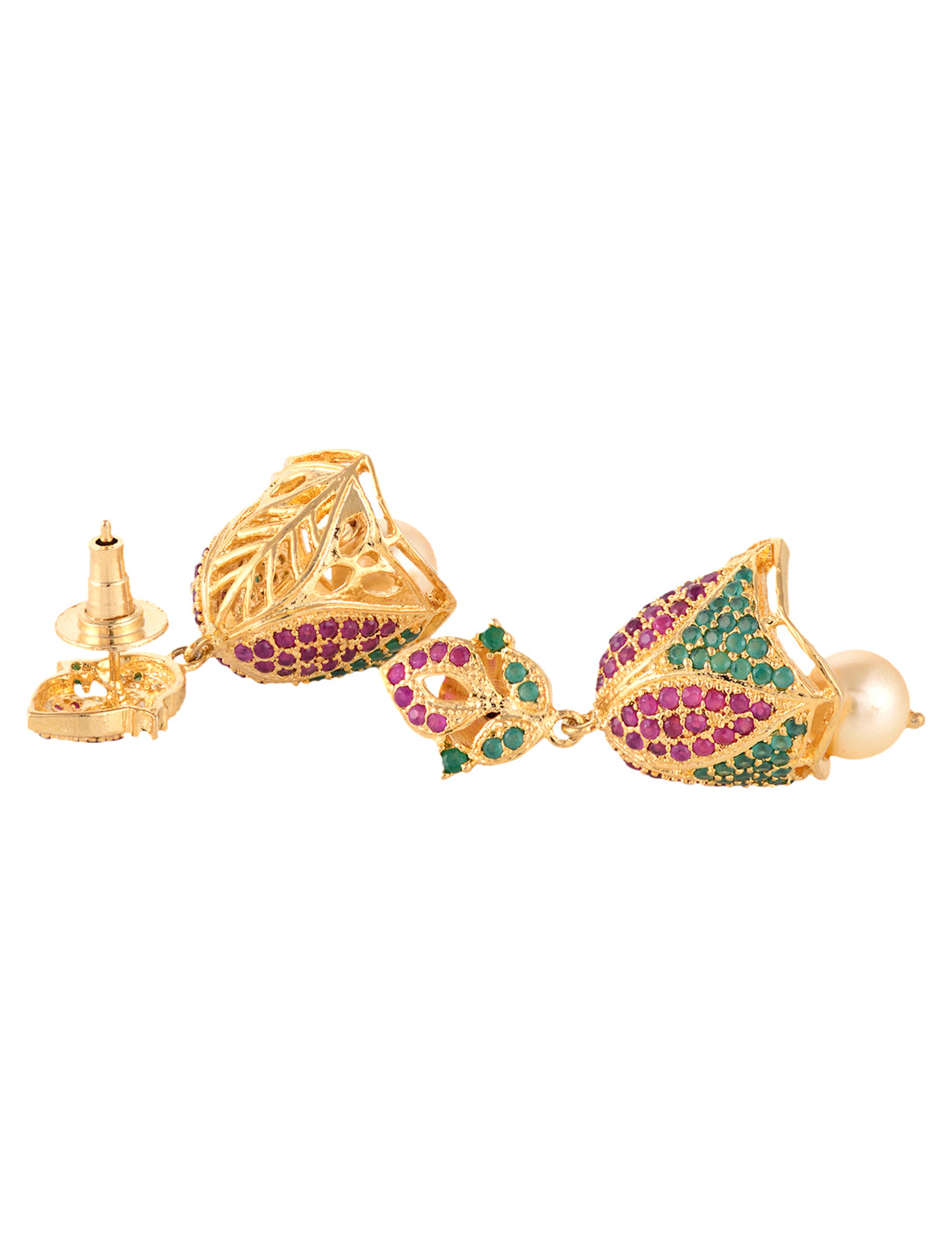 Gold Plated Multi AD and Pearl studded Handcrafted Jhumka Earrings