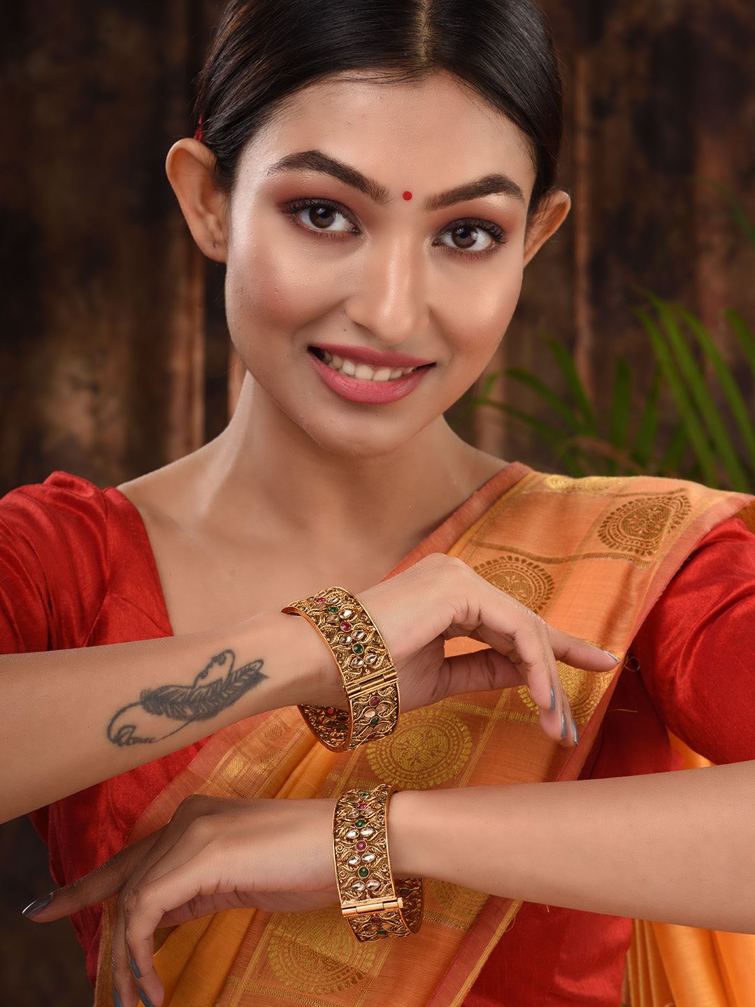 Set Of 2 Gold Plated Multi stone Studded Antique Bangles