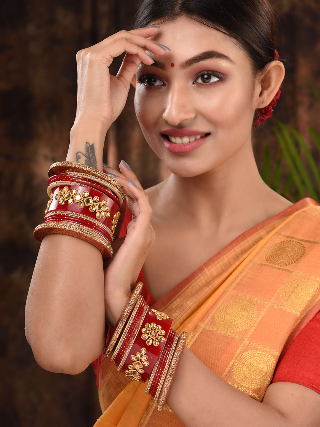 Gold Plated set Of 2 Matching Red Bangles kundan studded Bridal designer Chuda