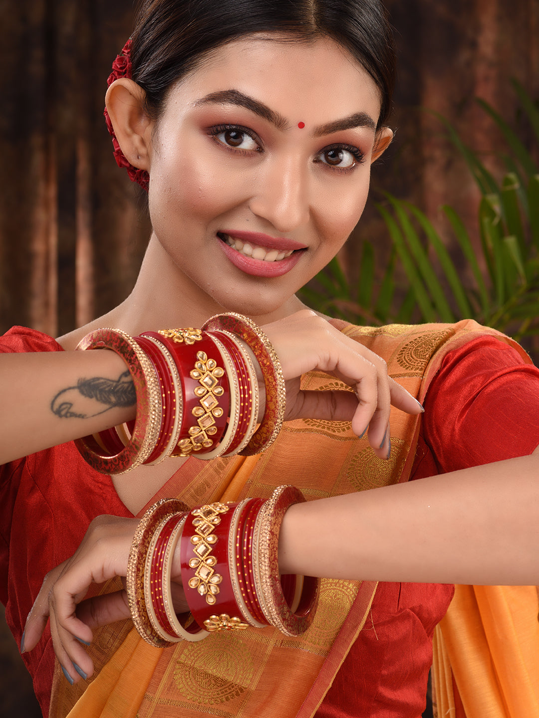 Gold Plated set Of 2 Matching Red Bangles kundan studded Bridal designer Chuda