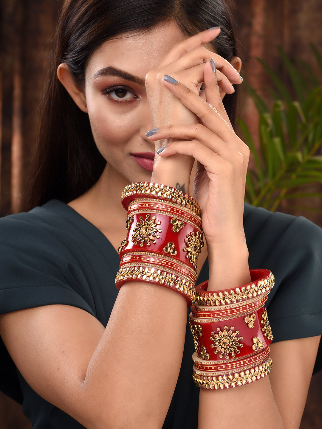 Gold Plated Set Of 2 Matching Red Bangles Set Bridal Wedding Chuda