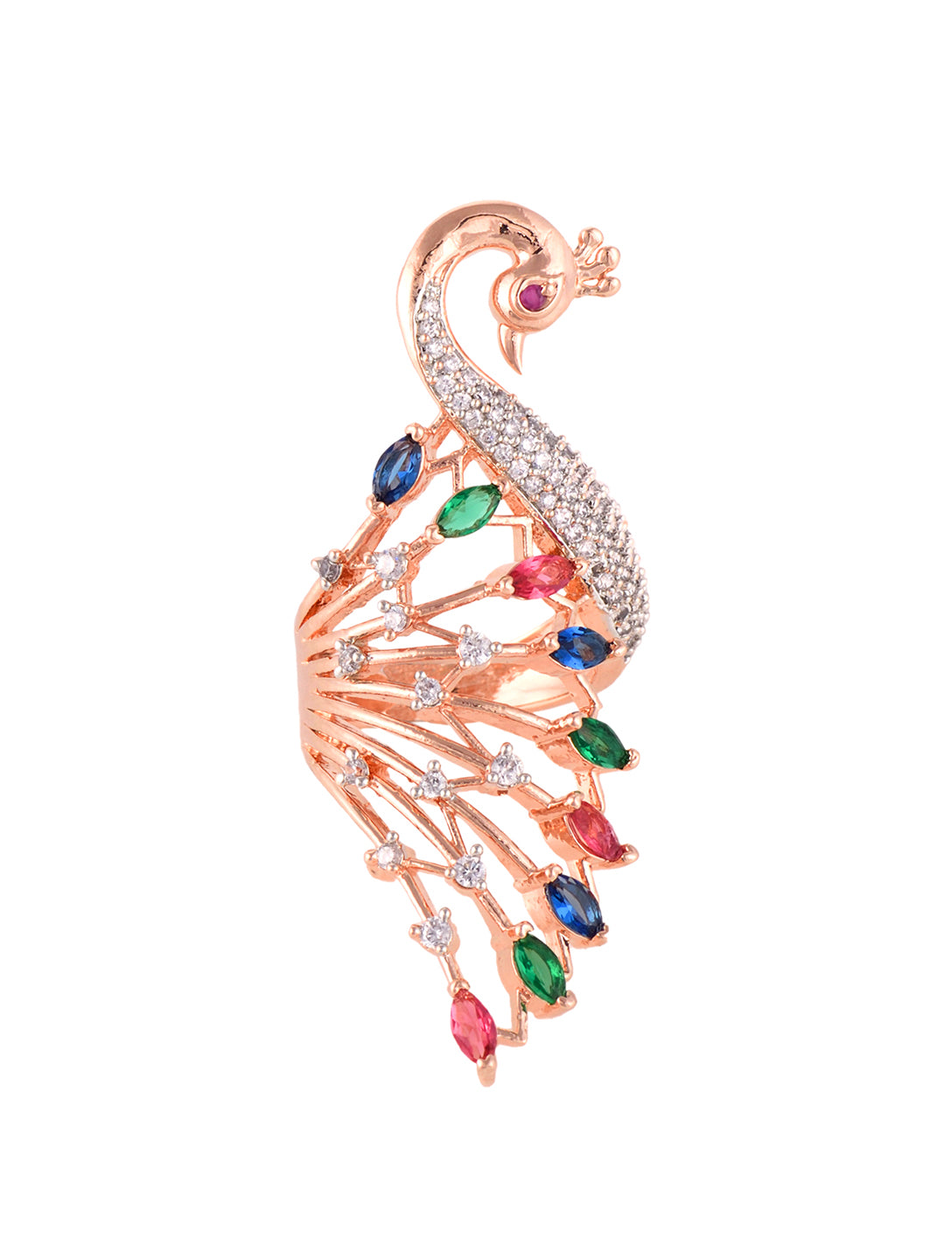 Rose Gold Plated Multi AD studded Peacock Handcrafted Finger Ring