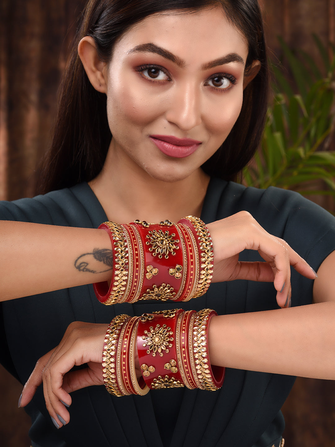 Gold Plated Set Of 2 Matching Red Bangles Set Bridal Wedding Chuda